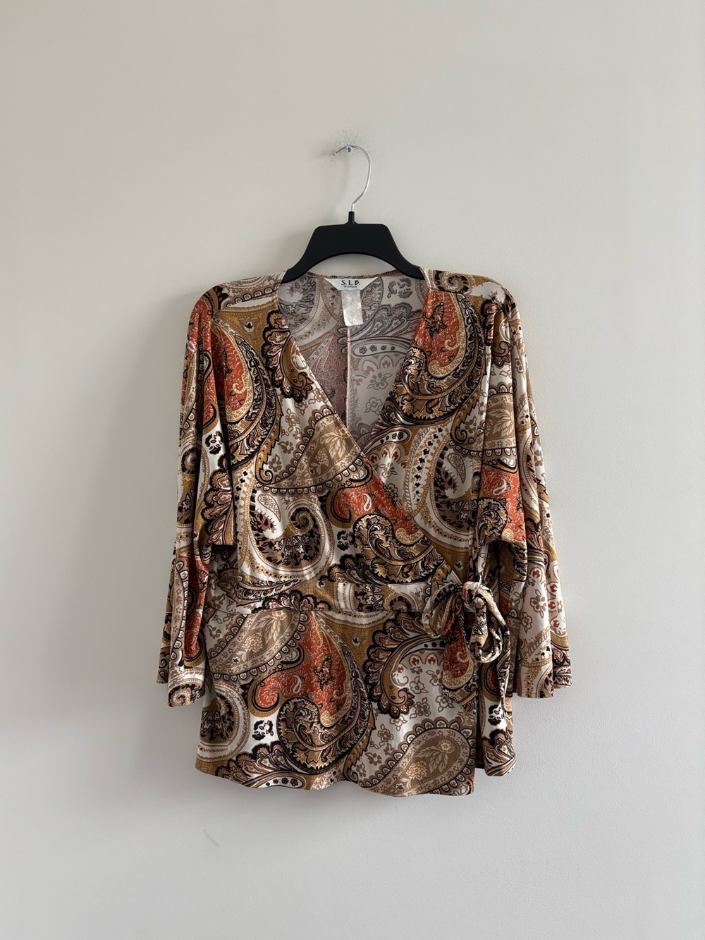 VTG SLB Wrap Top Brown Orange Paisley Stretch Surplice Womens 2X Boho Y2K Office